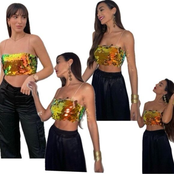 NWOT ZARA Metallic Gold SEQUIN Crop TOP Thin Straps 9406/103‎ Size XS - Picture 3 of 16